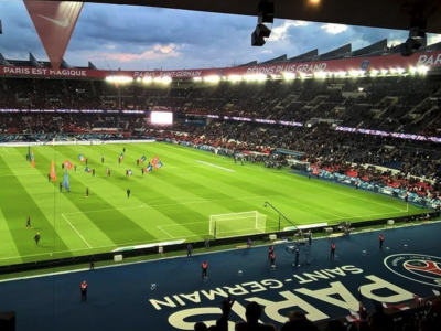 Paris St Germain football team playing at the Parc des Princes in Paris