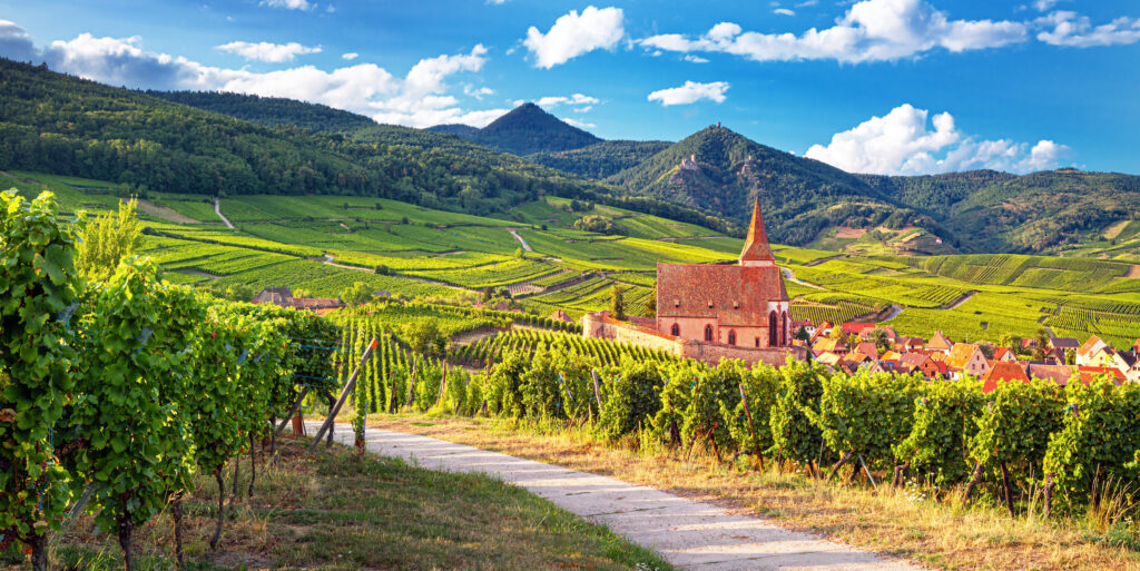 Scenic view on church and Hunawihr wine village in the middle of vineyards of Alsace region, France