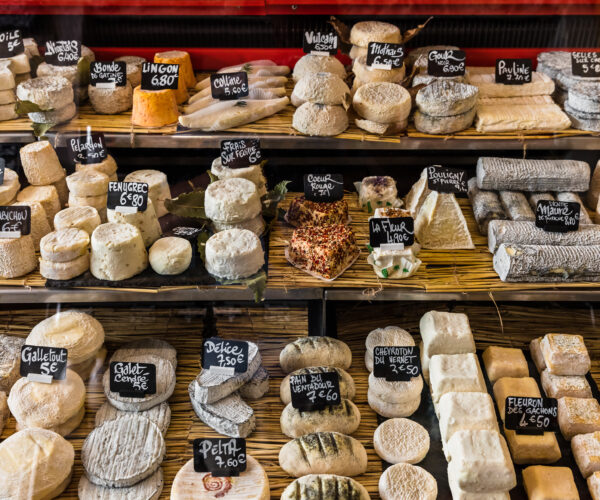 A cheese presentation with lots of varieties on a market stand