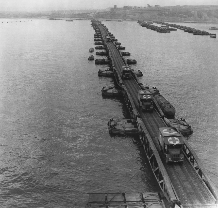 WWII temporary bridges and harbor structures built by the Allies across the sea during the Normandy landings