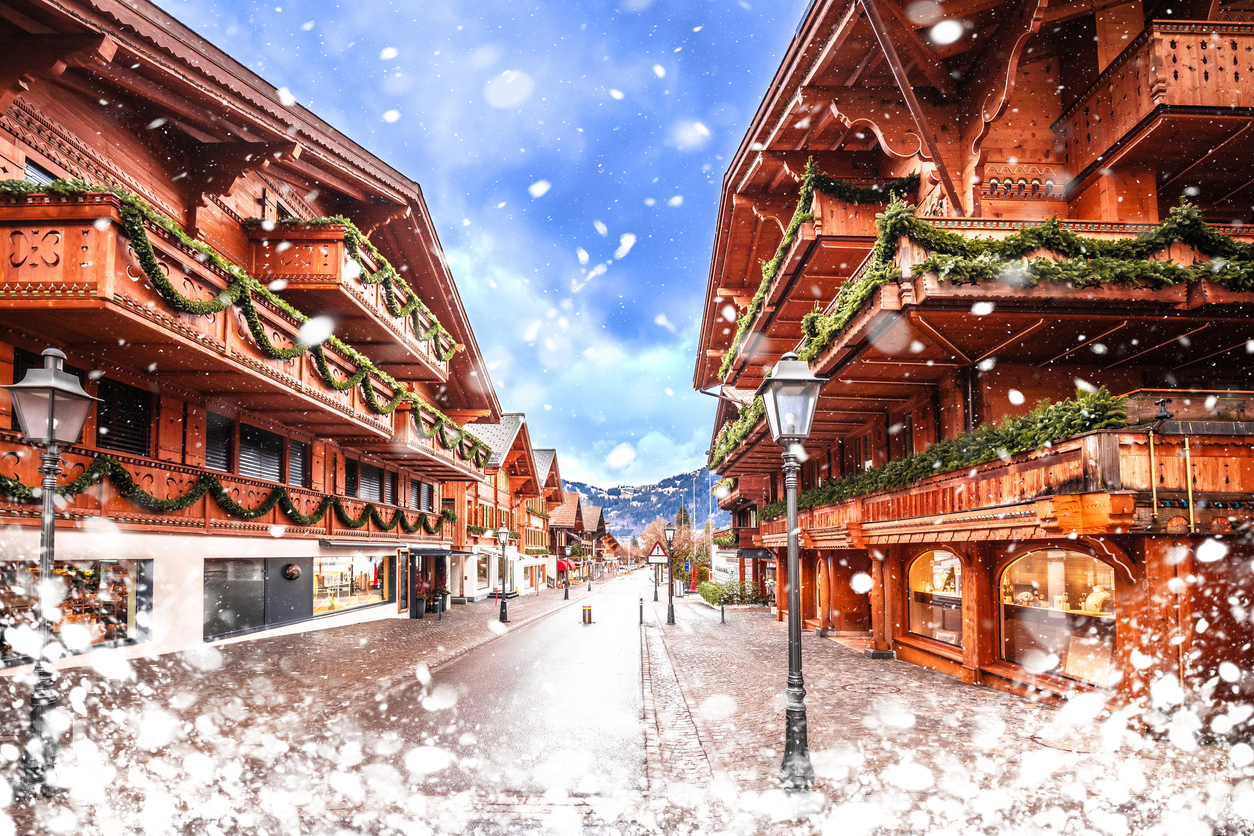 Idyllic Alpine village snowing street view, luxury winter destination