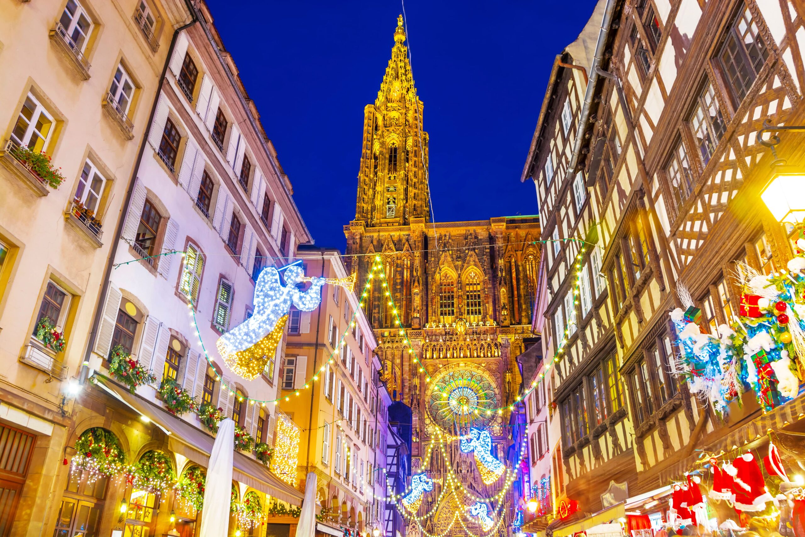 Christmas market in Alsace at dusk