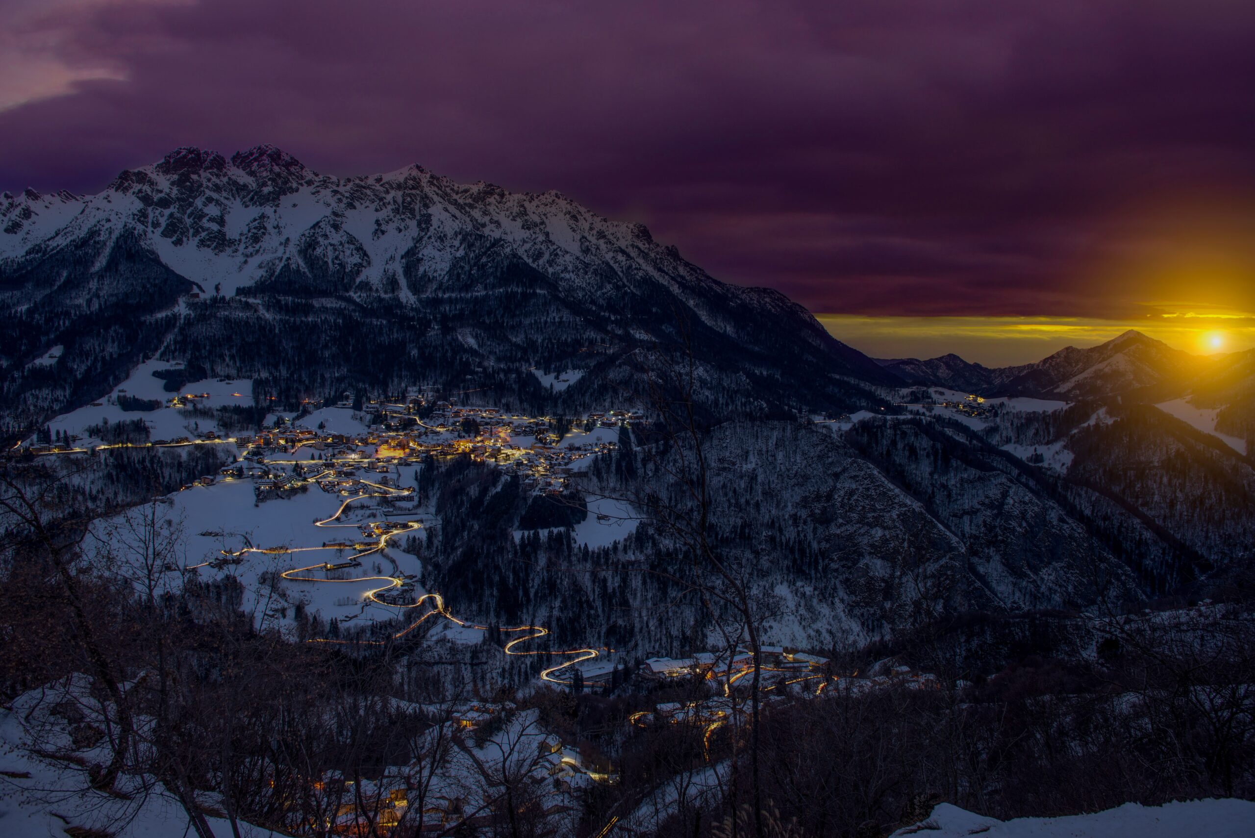 Illuminated chalet at night